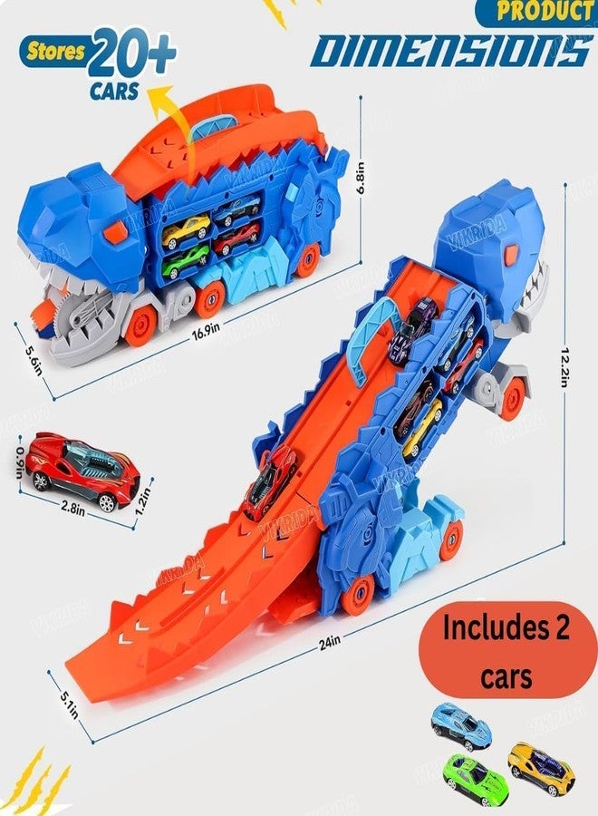 Brighterbee Dinosaur Track Truck Toys for Boys 3 4 5 6 7 8 Year Old - 2 Layer Transformed Dinosaur Transport Car Carrier Truck with 2 Diecast Race Cars, Multi Color - Image 3
